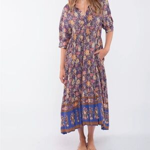 NATURAL LIFE Rebecca Boho Purple Floral Maxi Dress with Blue Hem